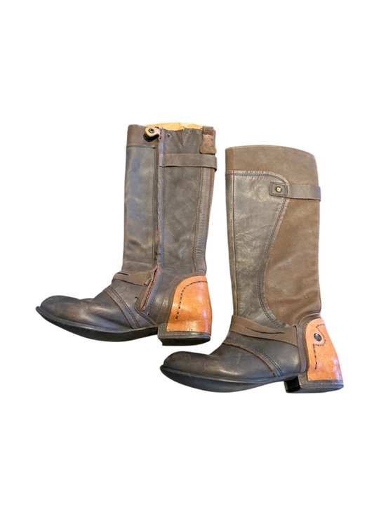 Kelsi Dagger Shoes - Kelsi Dagger “Jayne” Brown Two-Tone Leather Riding Boots with Tan Heel Accent